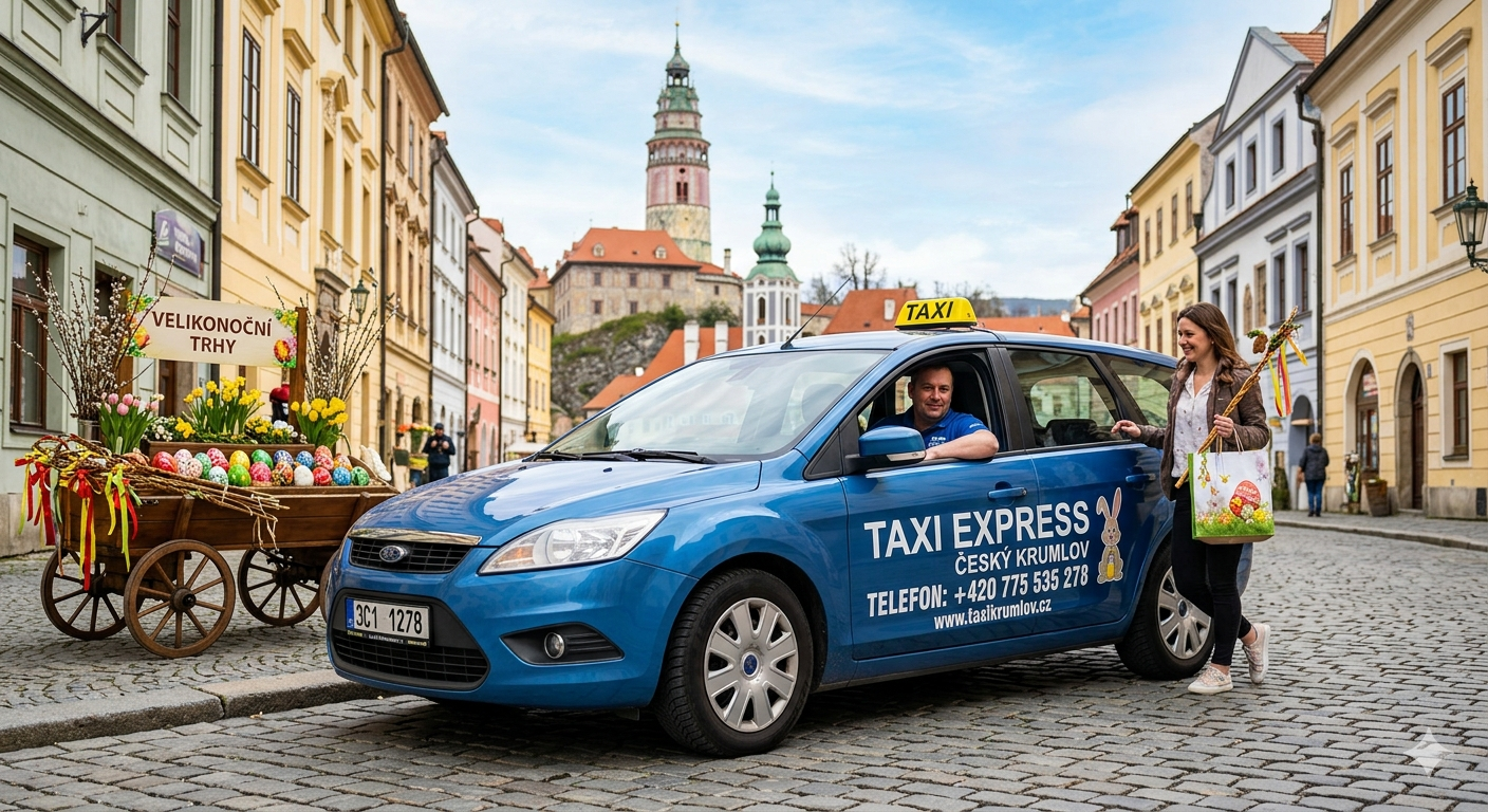 Vůz Taxi Express v centru Českého Krumlova během Velikonoc