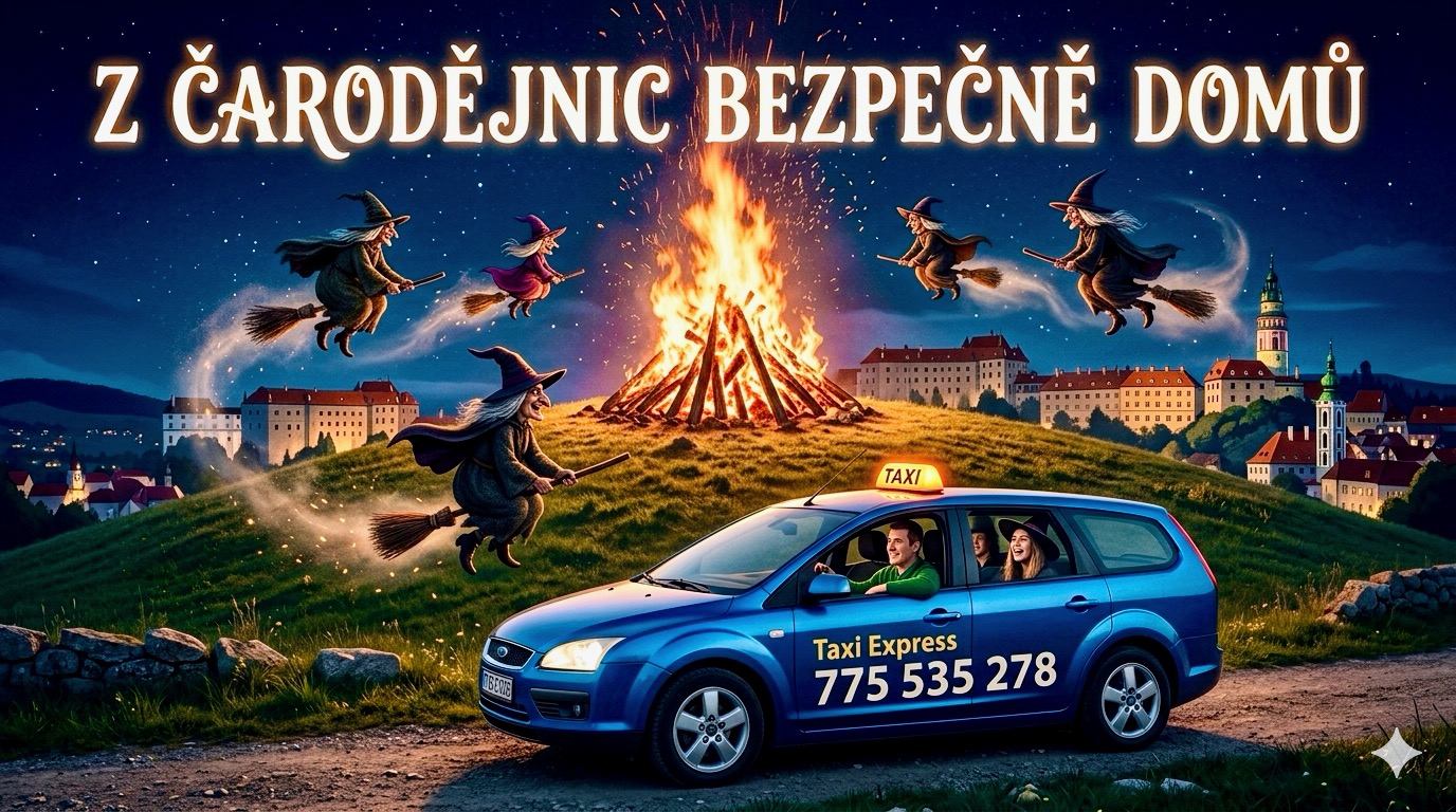 Vůz Taxi Express Český Krumlov připravený na pálení čarodějnic