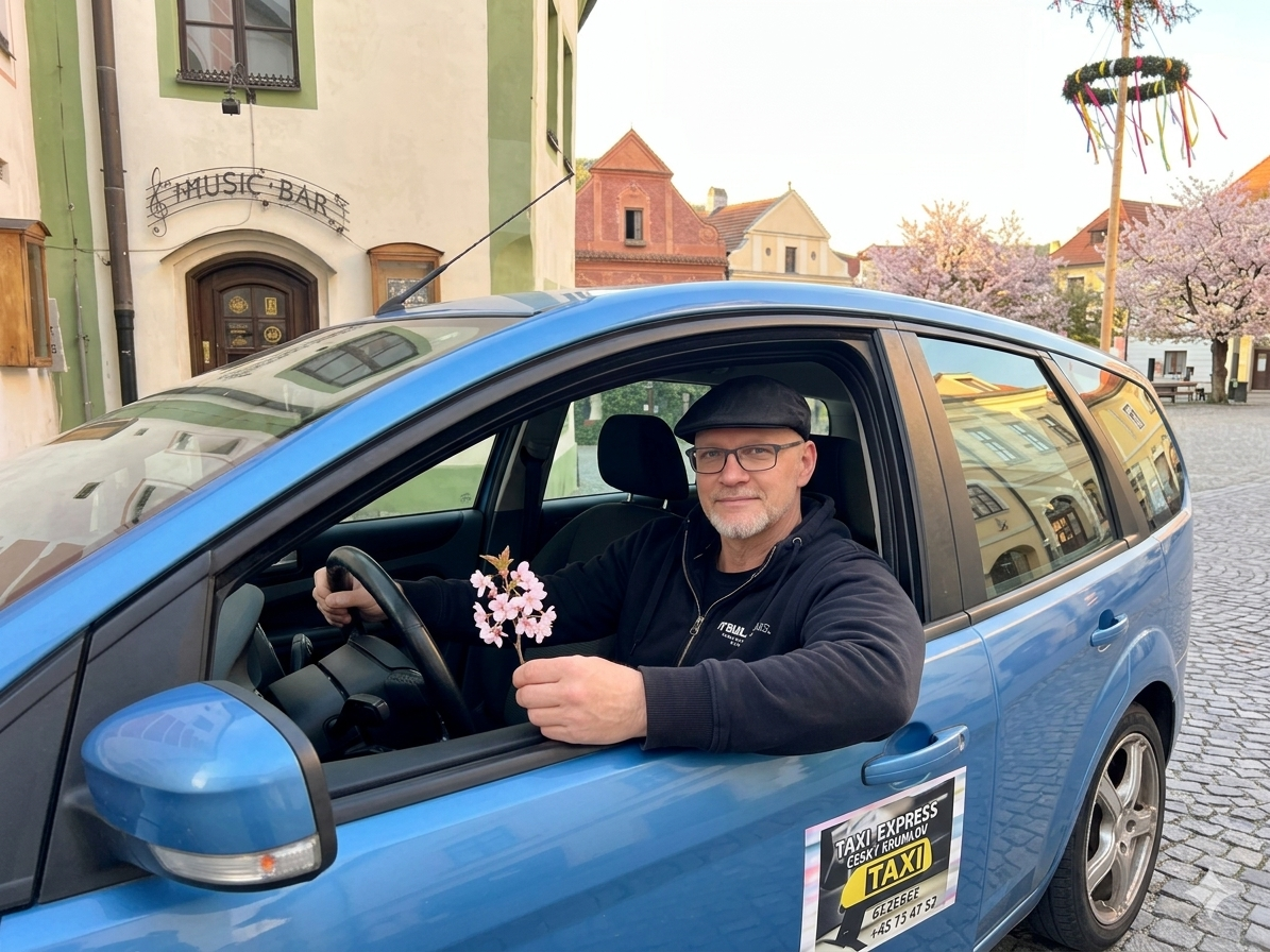 Náš řidič připravený na májovou jízdu rozkvetlým Českým Krumlovem. Šťastný 1. máj!