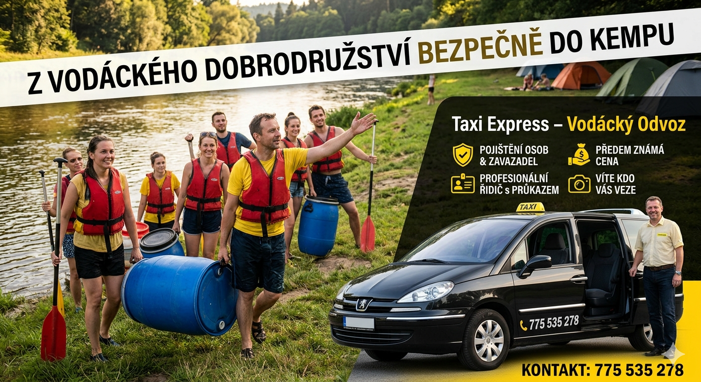Skupina vodáků v záchranných vestách u řeky, vedle černé taxi dodávky s řidičem.