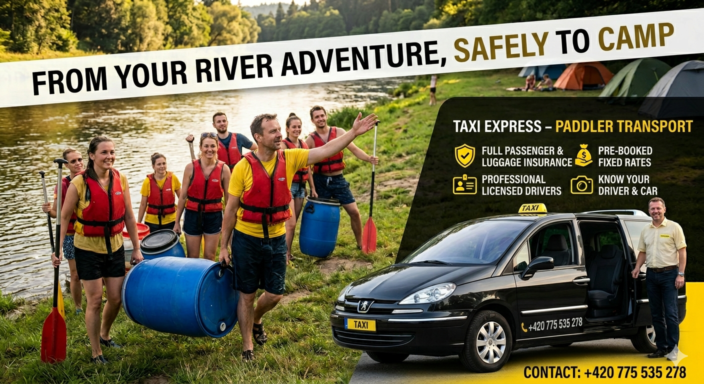 Group of paddlers in life jackets near river, with taxi car and promotional text overlay.