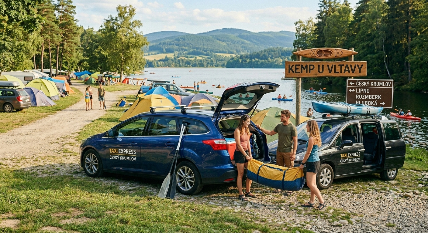 People stand by cars and open trunk with kayaks near a lakeside camping area and signpost.