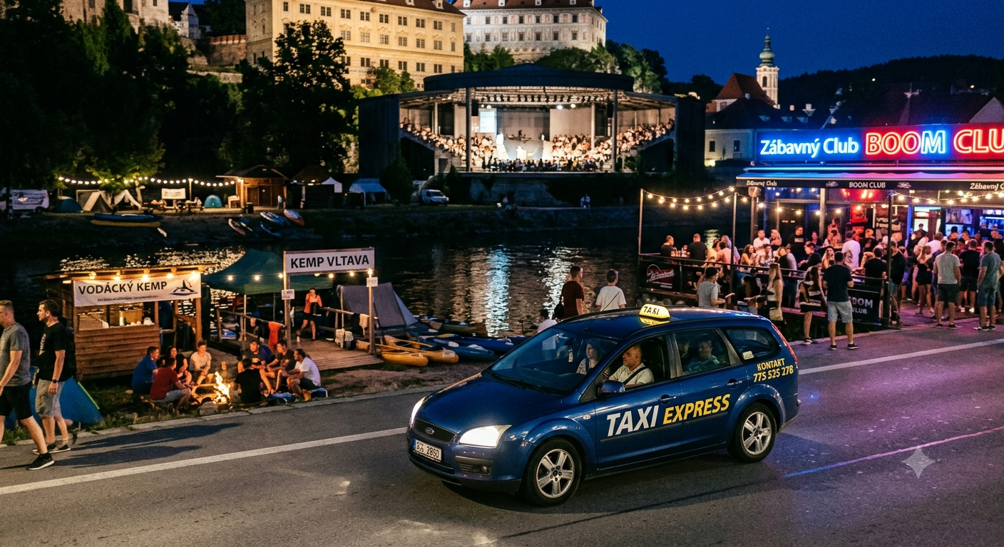 Taxi Český Krumlov, odvoz z klubů, vodácký servis a přeprava na Otáčivé hlediště.