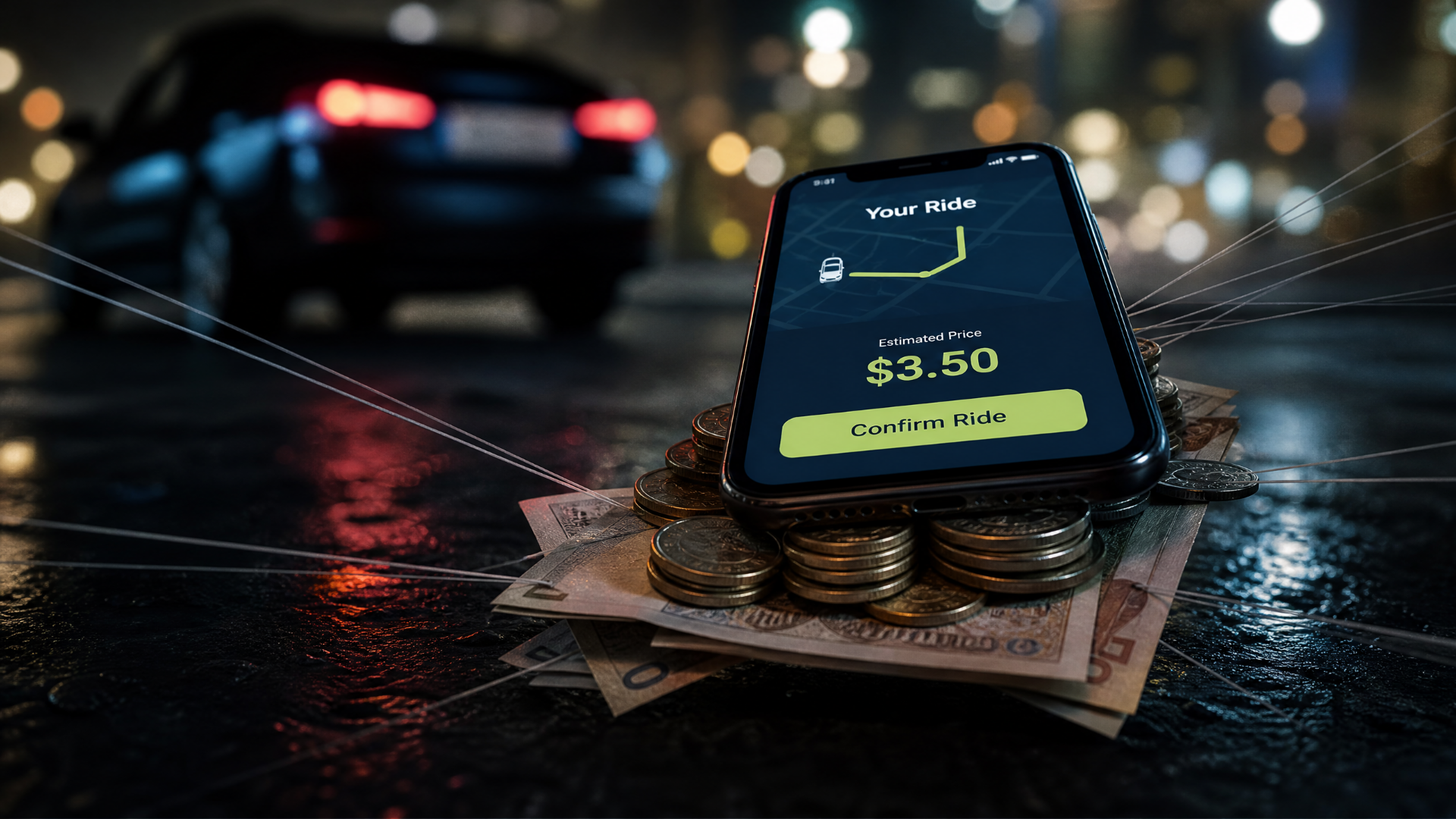 Smartphone zobrazuje odhad ceny jízdy a tlačítko Confirm Ride, vedle mincí a bankovek v noci.