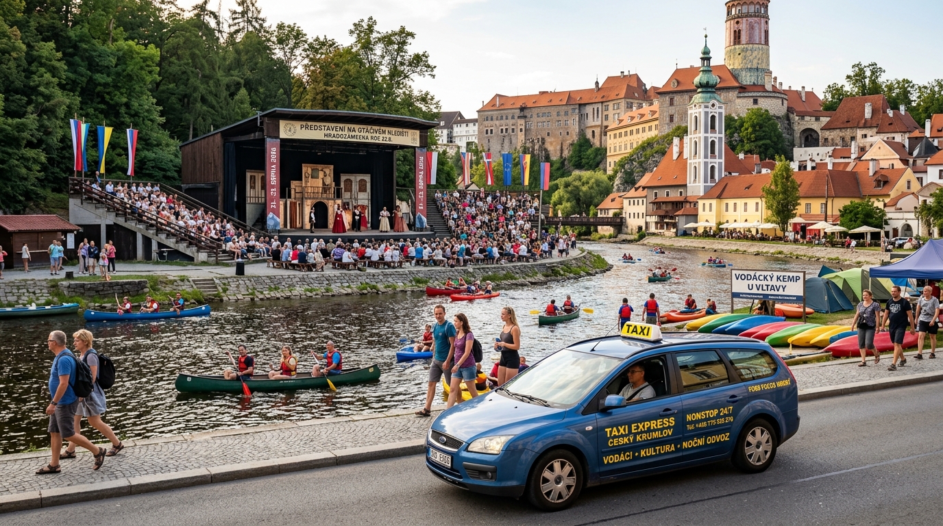 Taxi Express Český Krumlov – Nonstop 24/7. Odvoz z Otáčivého hlediště, Hradozámecké noci, vodáckých kempů i nočních barů. Telefon: +420 775 535 278.