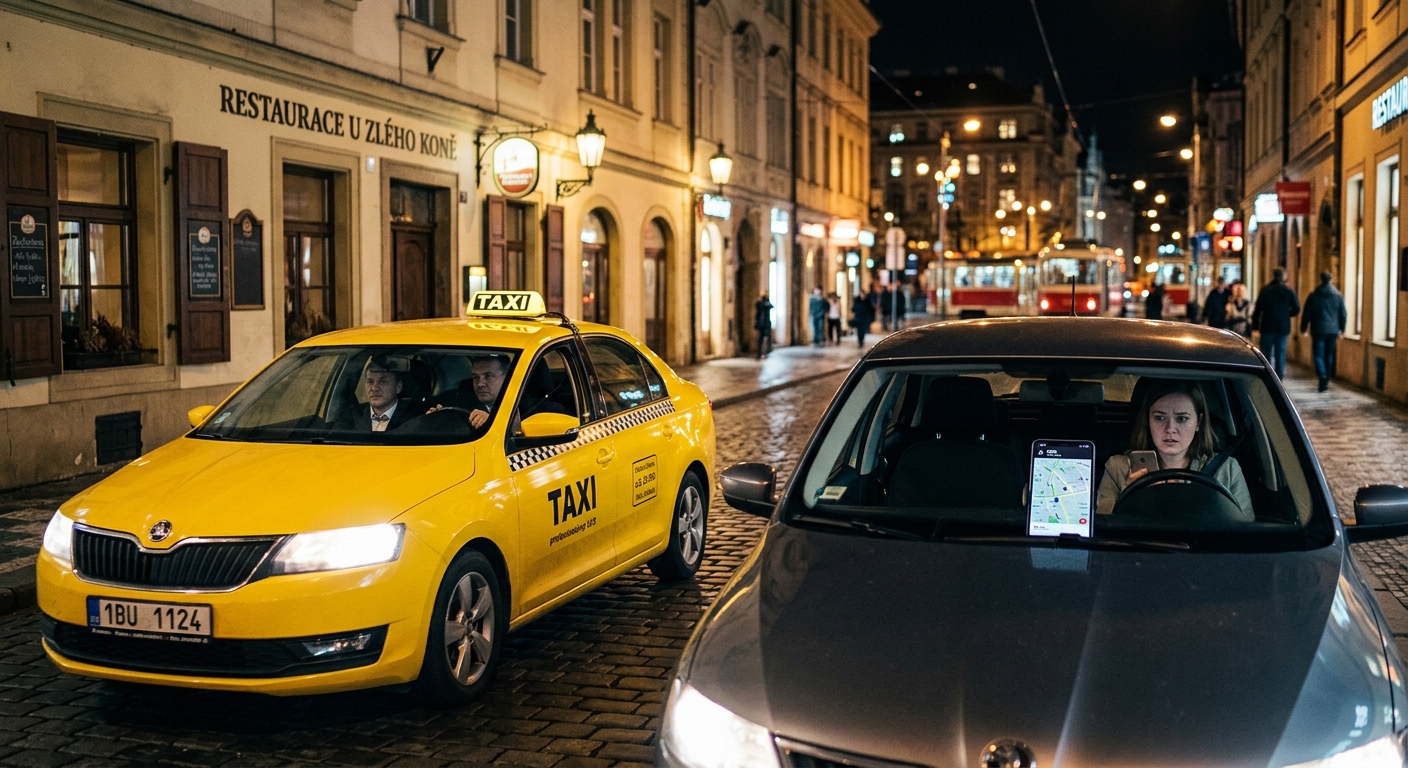 rozdíl mezi tradiční znalostí místopisu (taxi) a technologickou navigací (aplikace). Zvýrazňuje spolehlivost a profesionalitu licenčních taxi služeb v kontrastu s možnými nejistotami spojenými se spoléháním se na GPS navigaci, zejména v neznámém prostředí.