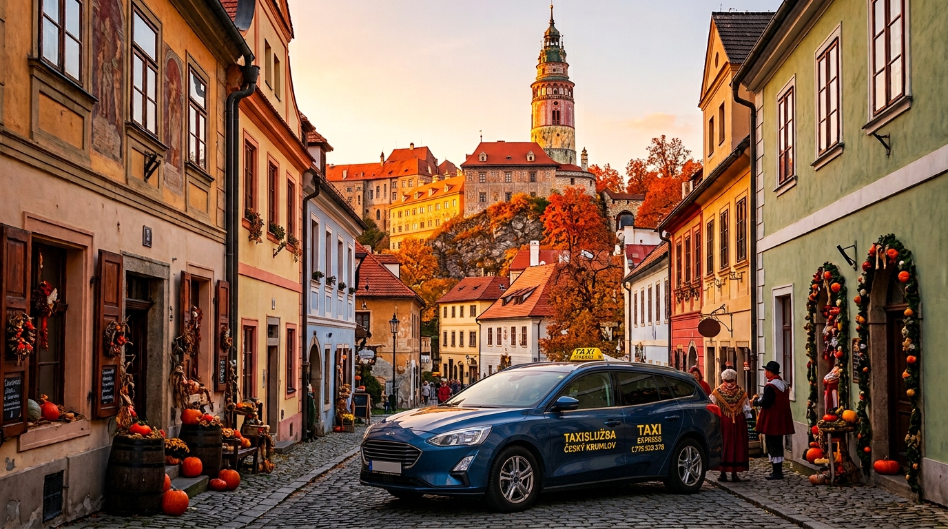 Modré taxi stojí na dlážděné ulici mezi historickými domy, v pozadí věž hradu a podzimní stromy.