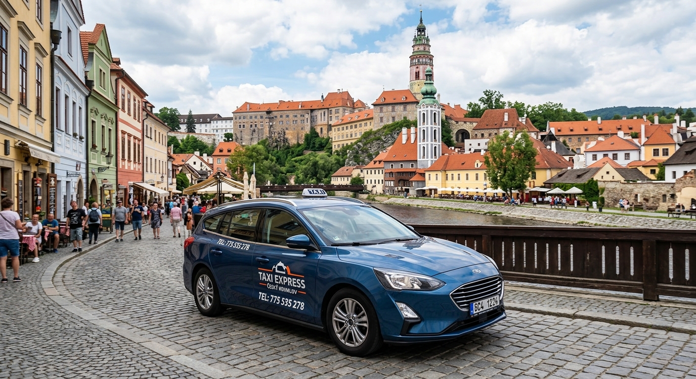 Blue Ford Focus Combi taxi vehicle of Taxi Express Český Krumlov with phone number +420 775 535 278
